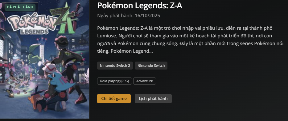 Pokémon Legends: Z-A là game thể loại gì?